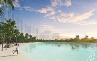 Hồ điều hòa rộng 4,8ha với bãi cát nhân tạo và làn nước trong xanh.