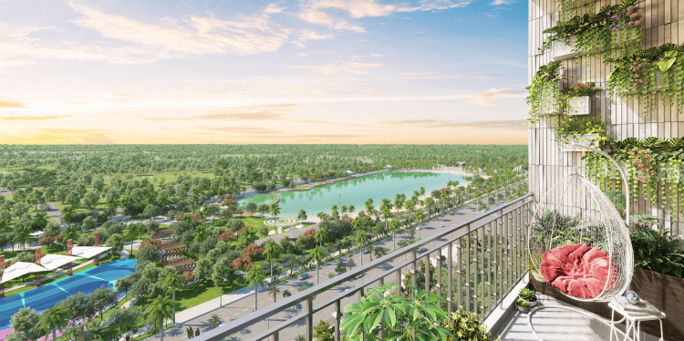 Phối cảnh hướng nhìn ra công viên từ ban công căn hộ.