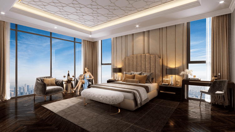 Phối cảnh phòng ngủ có view toàn cảnh thành phố.